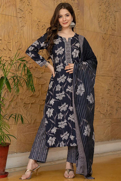 Cotton Flower Print Kurti Pant Set