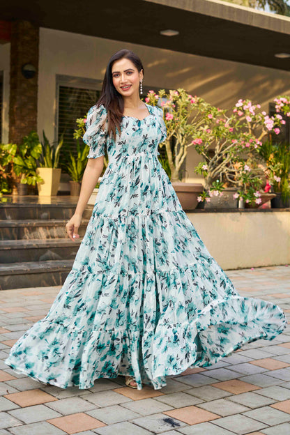 Sky Blue Georgette Floral Maxi Gown