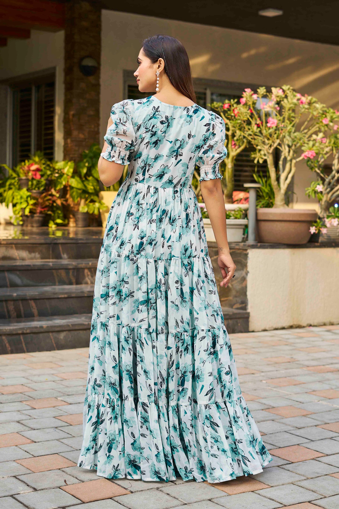 Sky Blue Georgette Floral Maxi Gown