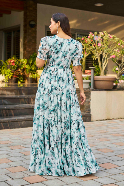 Sky Blue Georgette Floral Maxi Gown