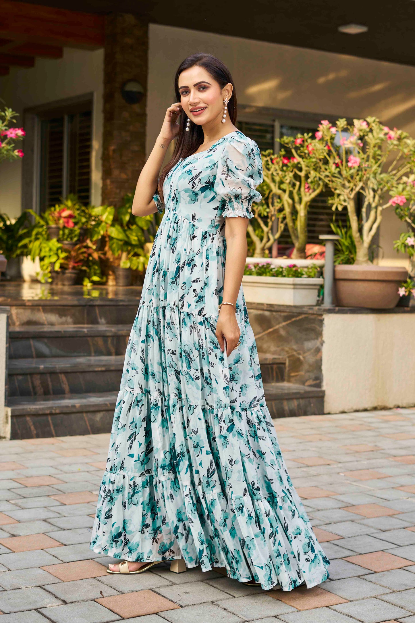 Sky Blue Georgette Floral Maxi Gown
