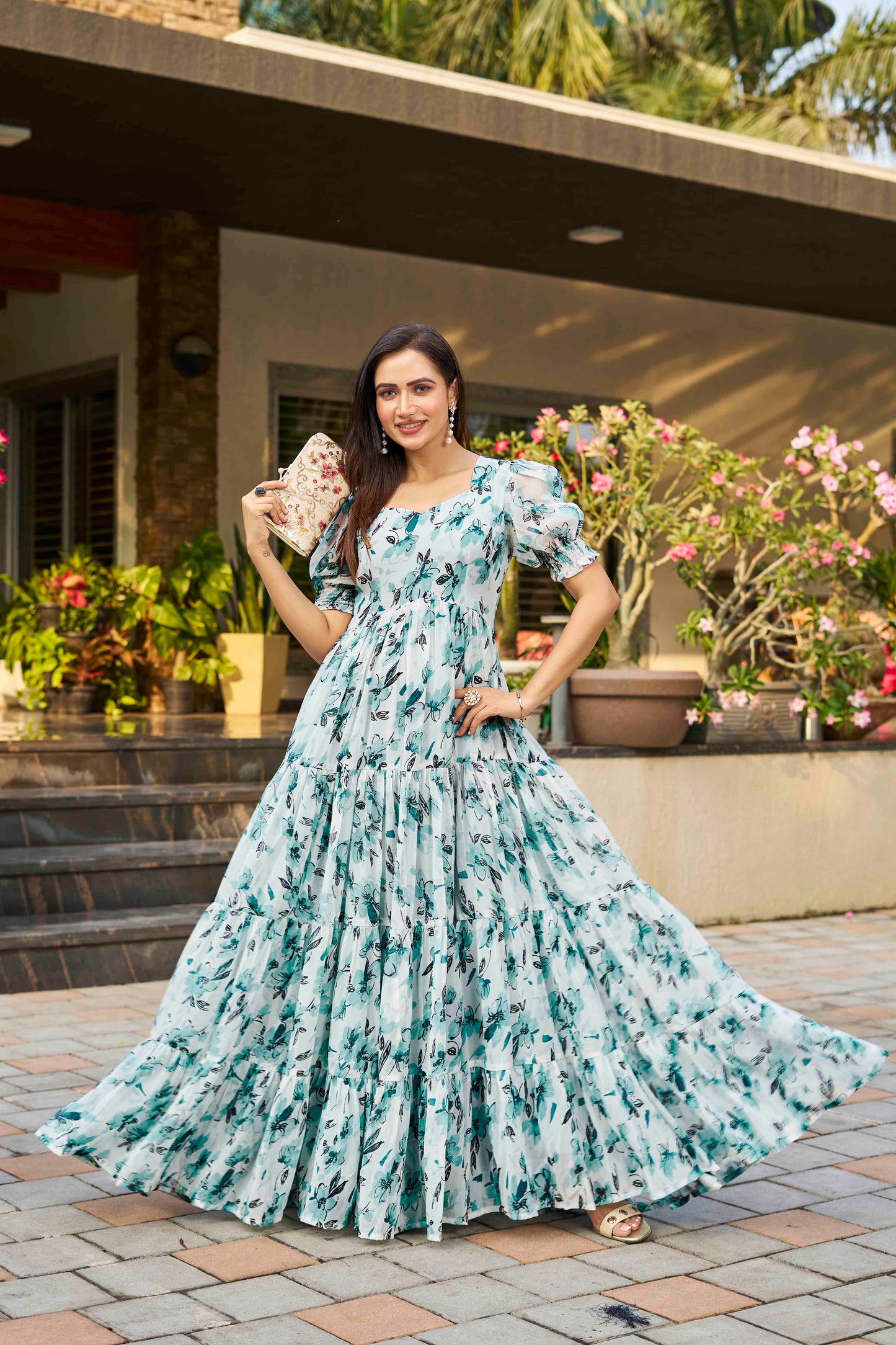 Sky Blue Georgette Floral Maxi Gown