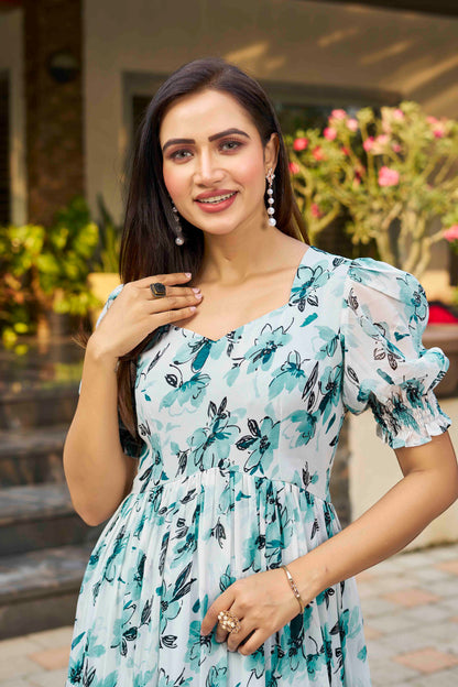 Sky Blue Georgette Floral Maxi Gown