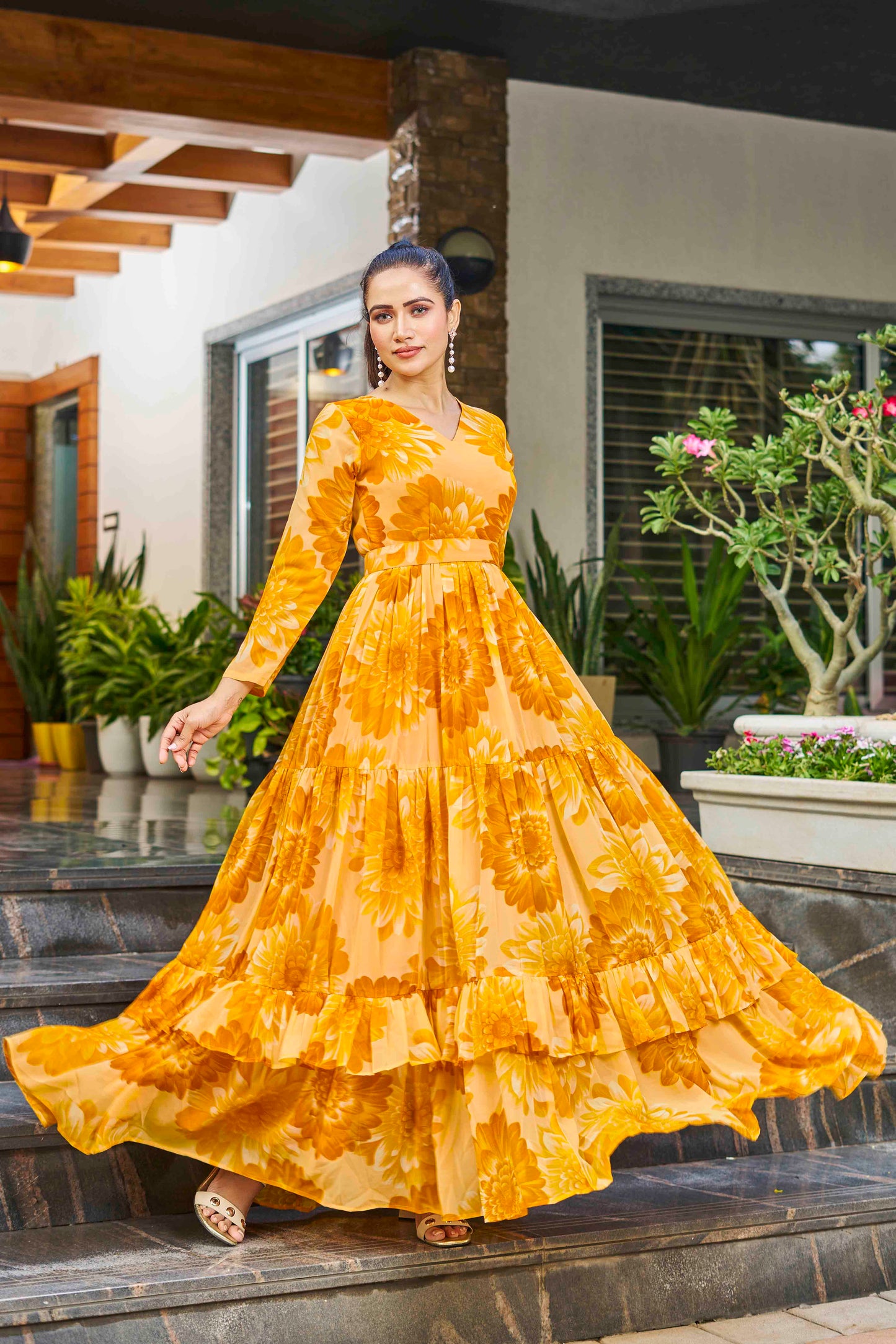 Lotus  6 Meter Flared Yellow Georgette Maxi Gown