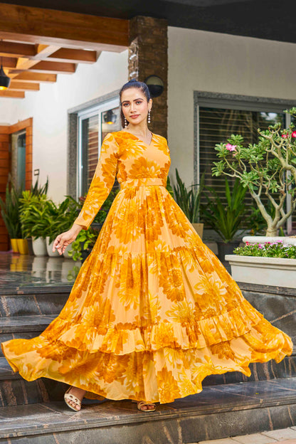 Lotus  6 Meter Flared Yellow Georgette Maxi Gown
