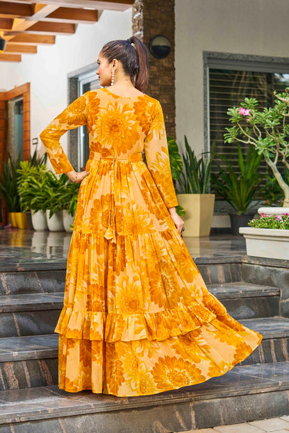 Lotus  6 Meter Flared Yellow Georgette Maxi Gown