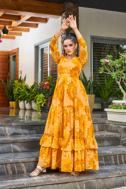 Lotus  6 Meter Flared Yellow Georgette Maxi Gown