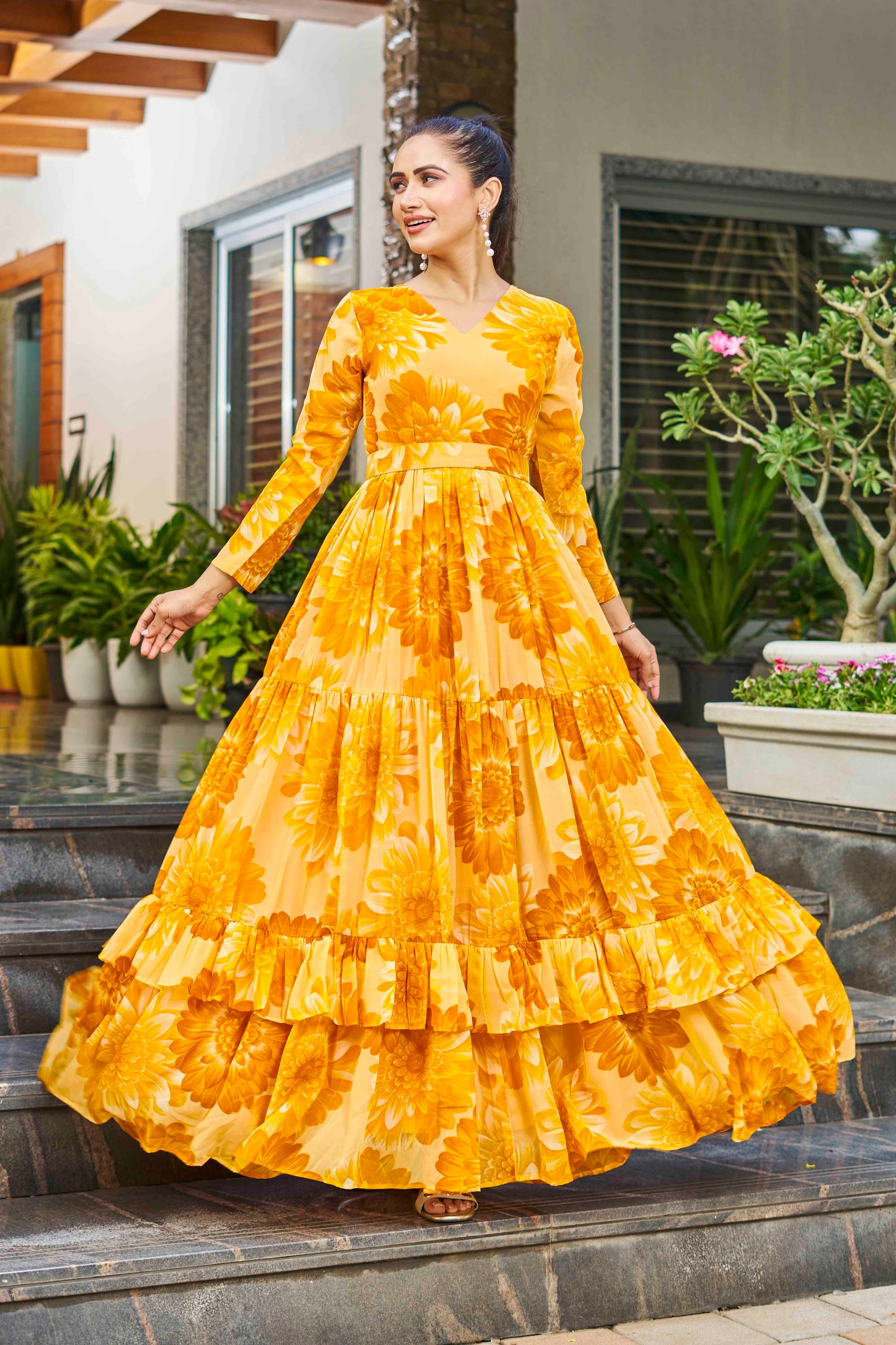 Lotus  6 Meter Flared Yellow Georgette Maxi Gown
