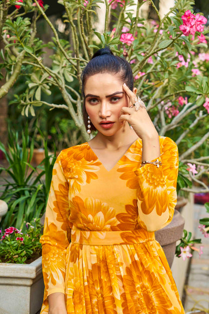 Lotus  6 Meter Flared Yellow Georgette Maxi Gown