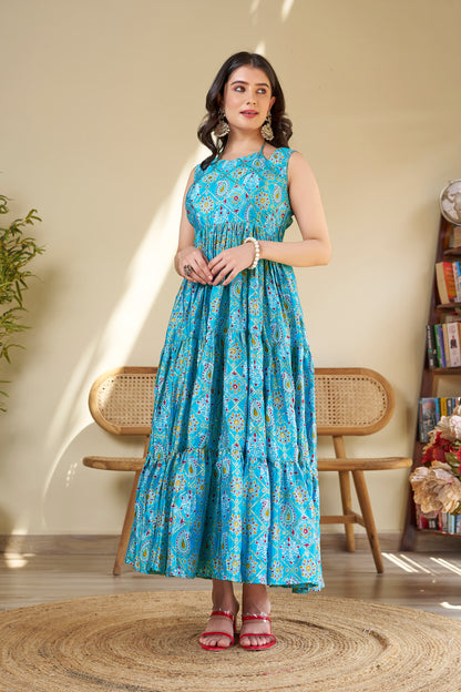 Sky Blue Flared Chinon One Piece Dress