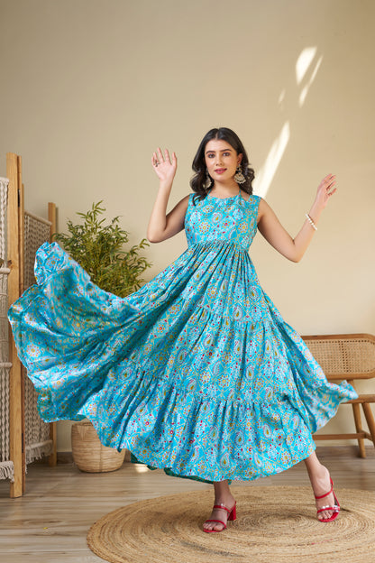 Sky Blue Flared Chinon One Piece Dress