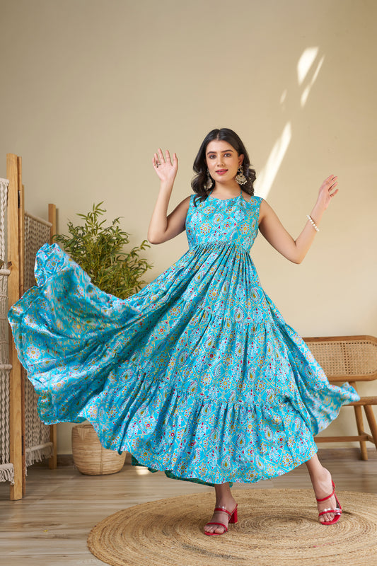 Sky Blue Flared Chinon One Piece Dress