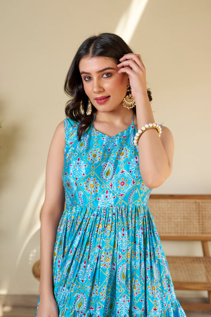 Sky Blue Flared Chinon One Piece Dress