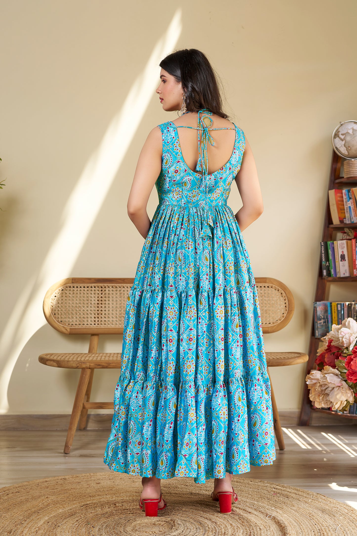 Sky Blue Flared Chinon One Piece Dress