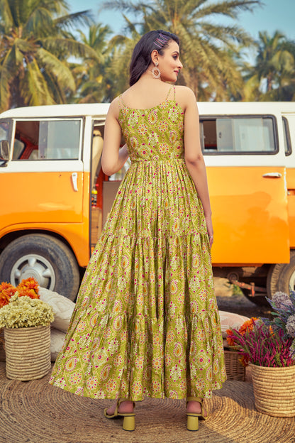 Stape Pattern Grorgeus Green Printed Western Gown