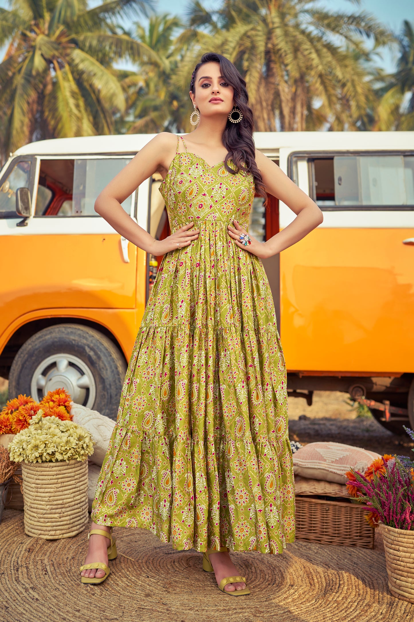 Stape Pattern Grorgeus Green Printed Western Gown
