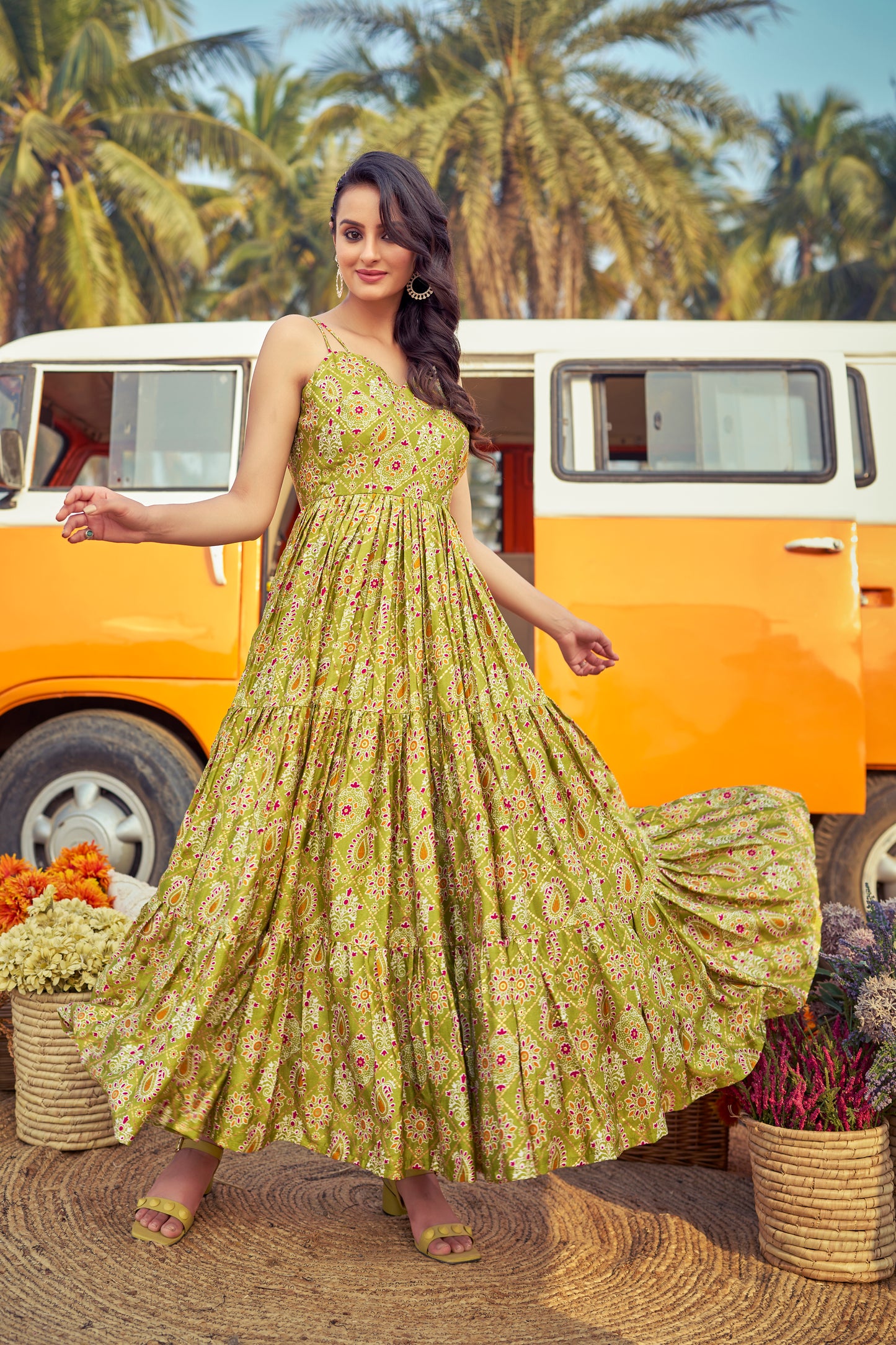 Stape Pattern Grorgeus Green Printed Western Gown