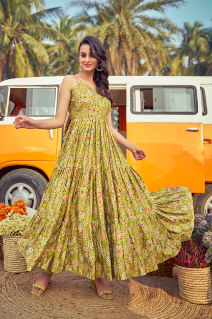 Stape Pattern Grorgeus Green Printed Western Gown