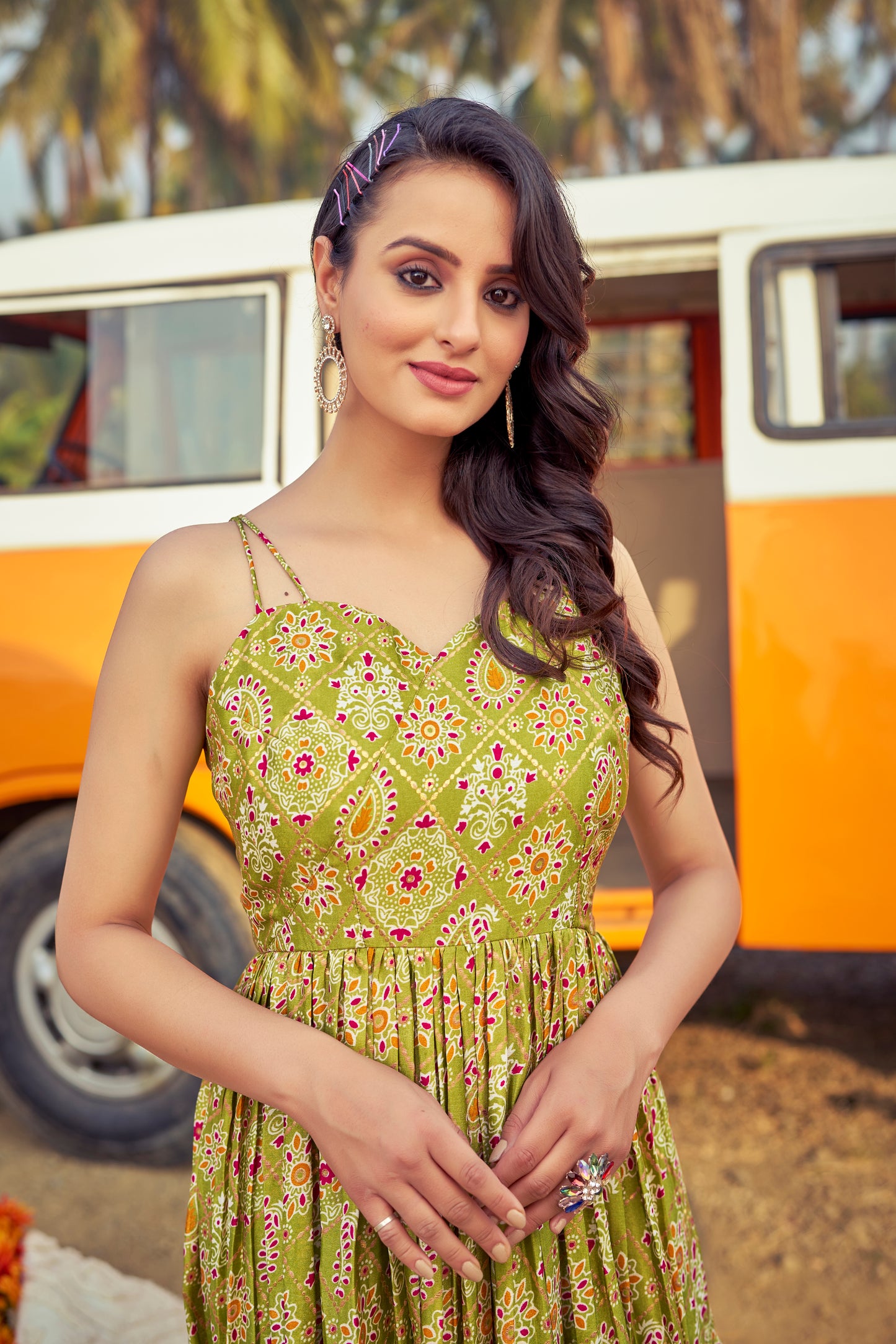 Stape Pattern Grorgeus Green Printed Western Gown