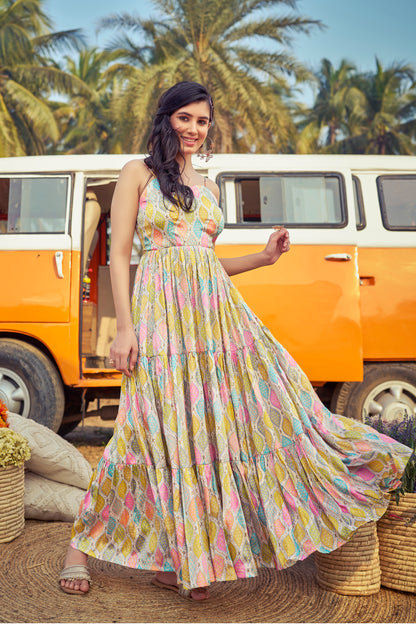 Mannant Yellow Chinon 4.5Mtr Flared Gown