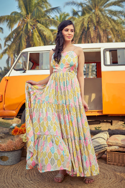 Mannant Yellow Chinon 4.5Mtr Flared Gown