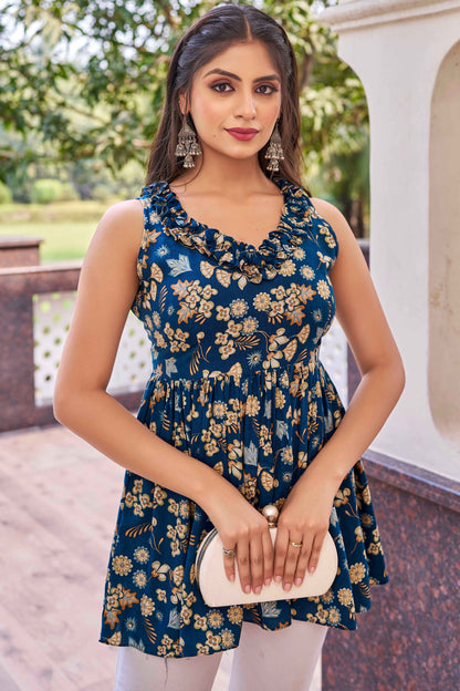 Blue Rayon Foil Printed Top