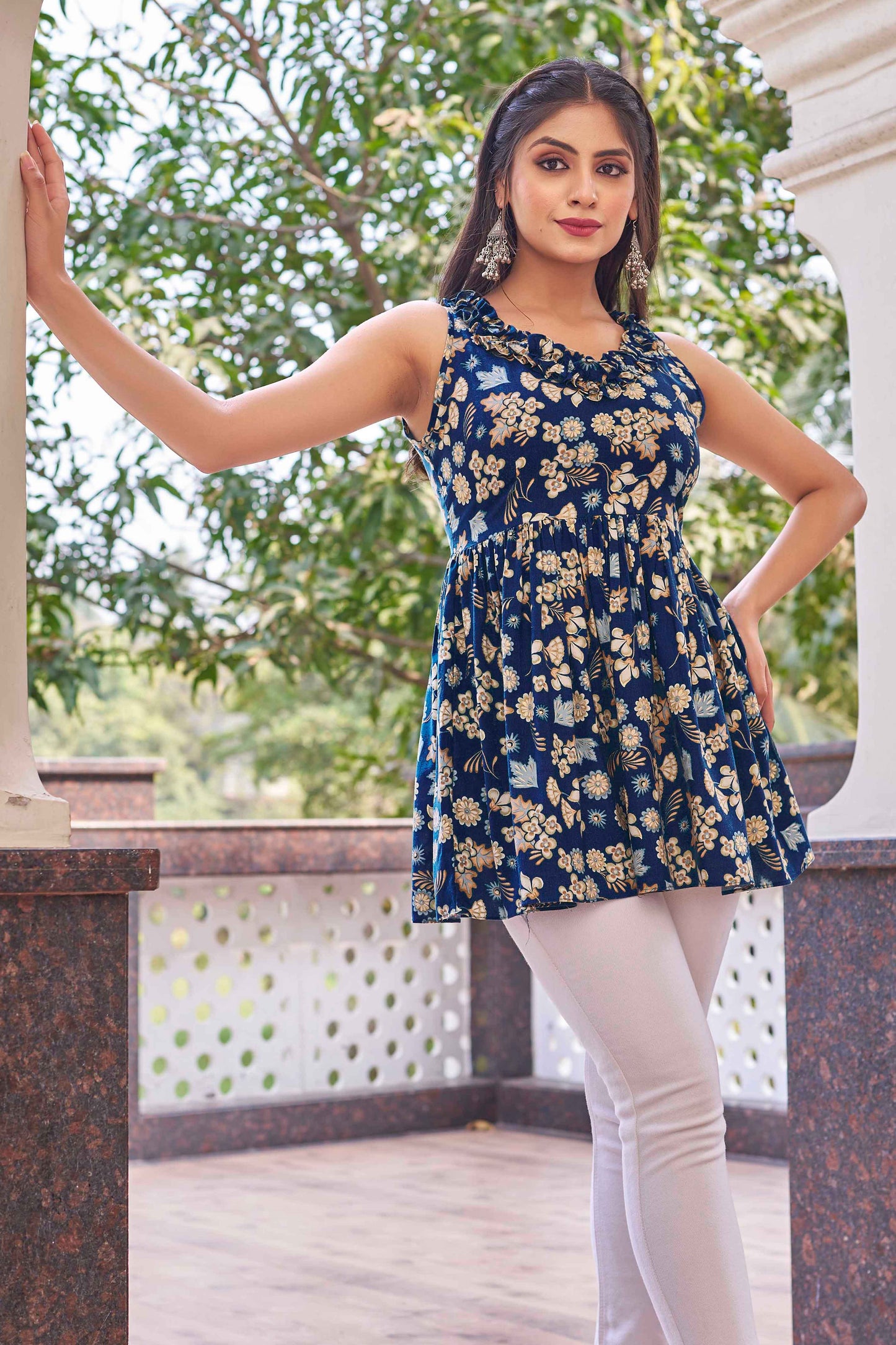 Blue Rayon Foil Printed Top