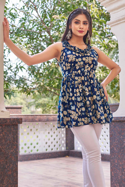 Blue Rayon Foil Printed Top