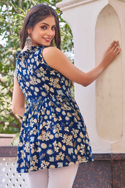 Blue Rayon Foil Printed Top