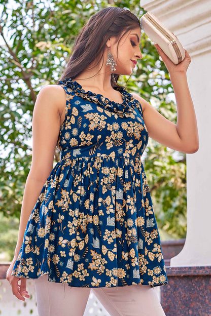 Blue Rayon Foil Printed Top