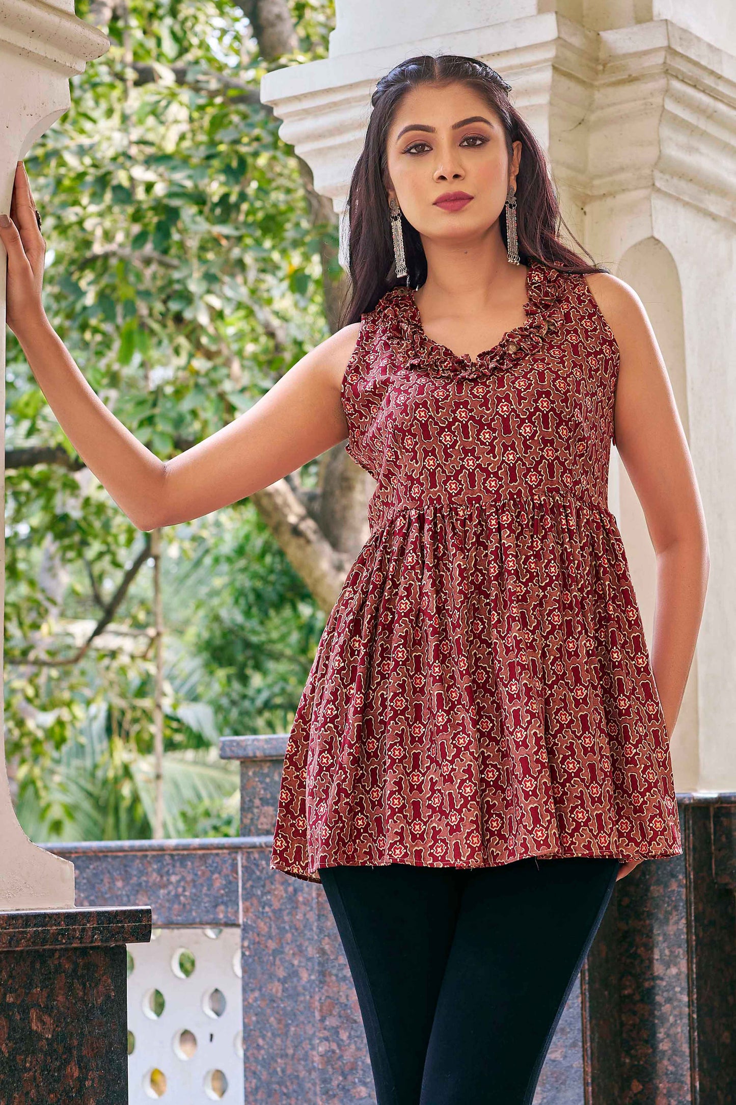Brown Sleeveless Mahalakshmi Rayon Tunic Top