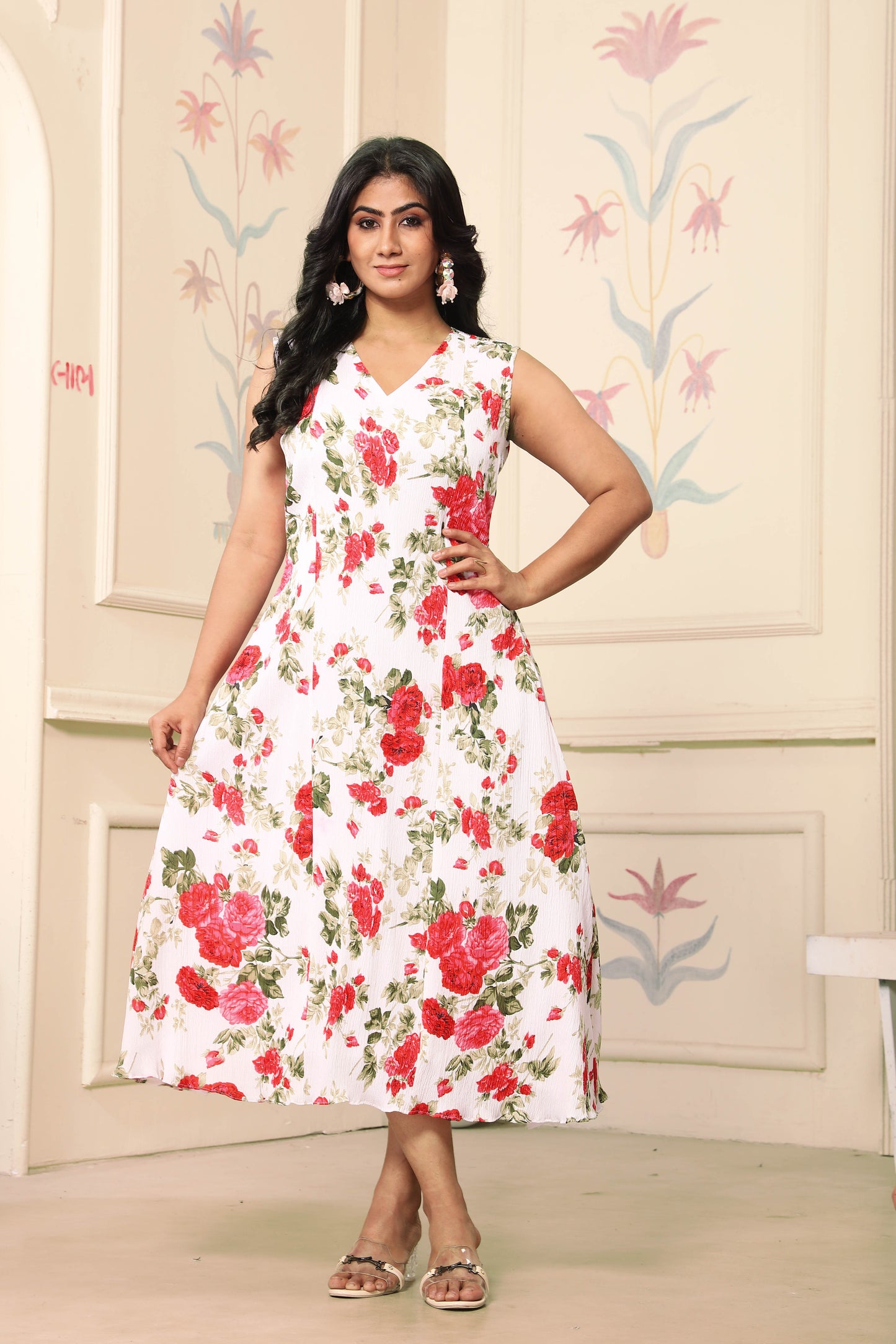 Flotral Pink Flower Midi One Piece Dress