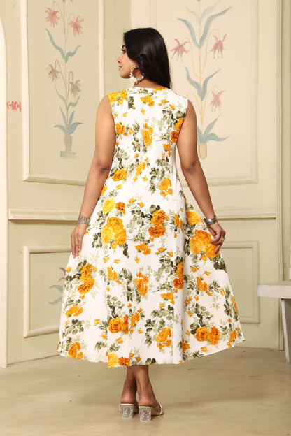 Sleeveless Yellow FLoral Midi Dress For Girls