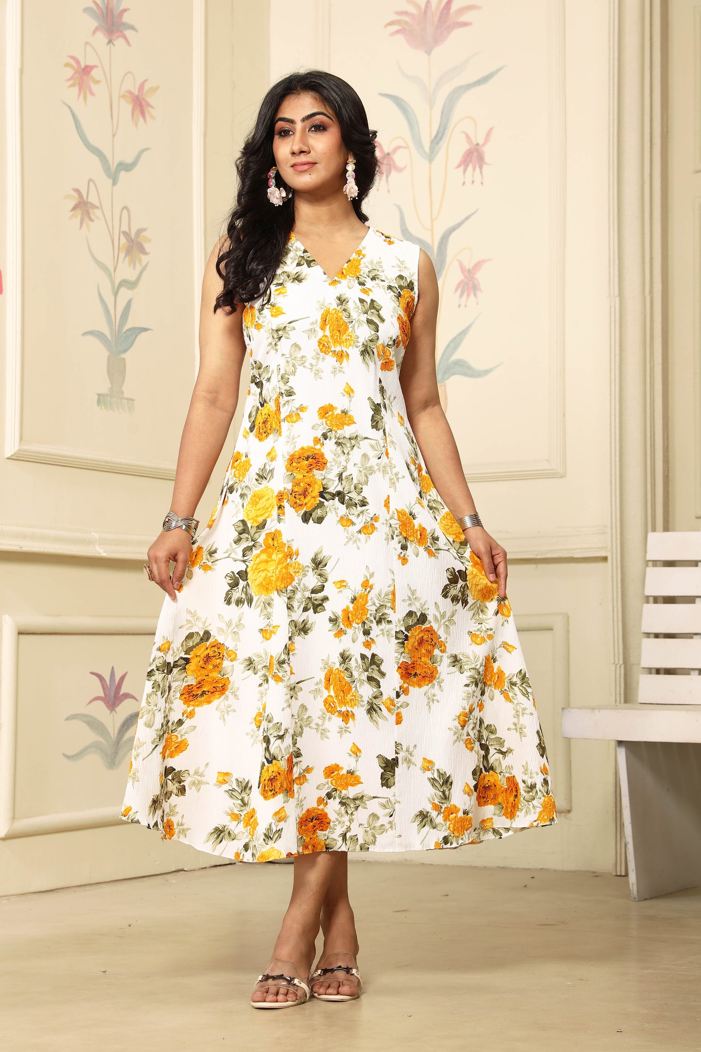 Sleeveless Yellow FLoral Midi Dress For Girls
