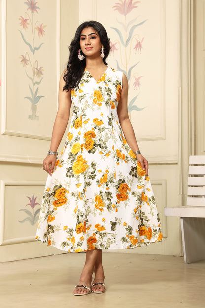 Sleeveless Yellow FLoral Midi Dress For Girls