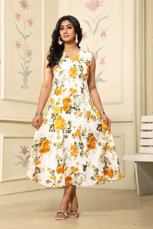 Sleeveless Yellow FLoral Midi Dress For Girls