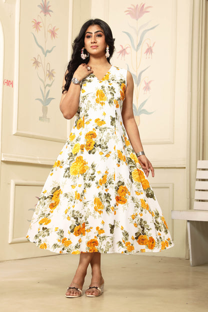 Sleeveless Yellow FLoral Midi Dress For Girls