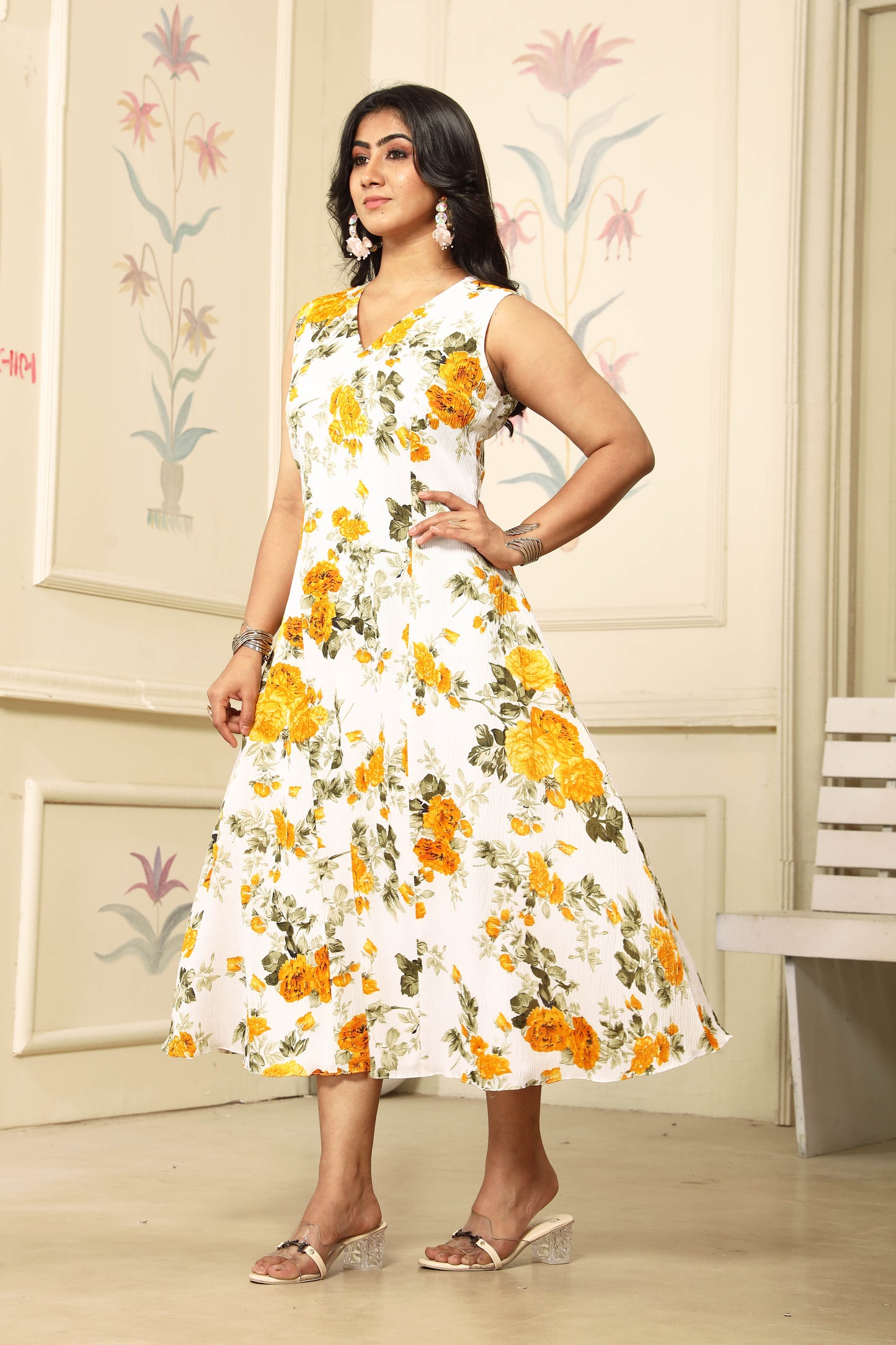 Sleeveless Yellow FLoral Midi Dress For Girls