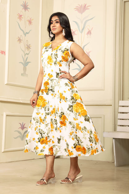Sleeveless Yellow FLoral Midi Dress For Girls