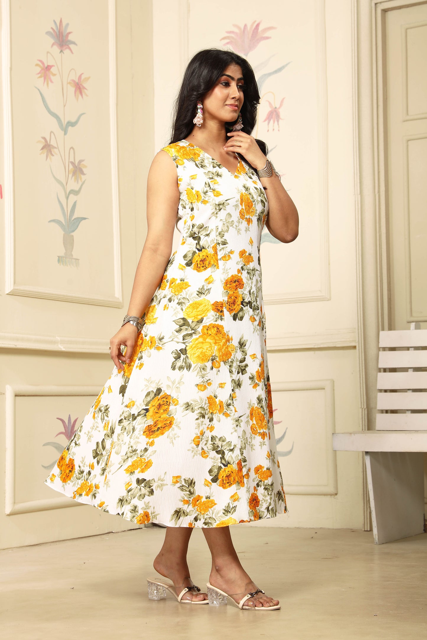 Sleeveless Yellow FLoral Midi Dress For Girls