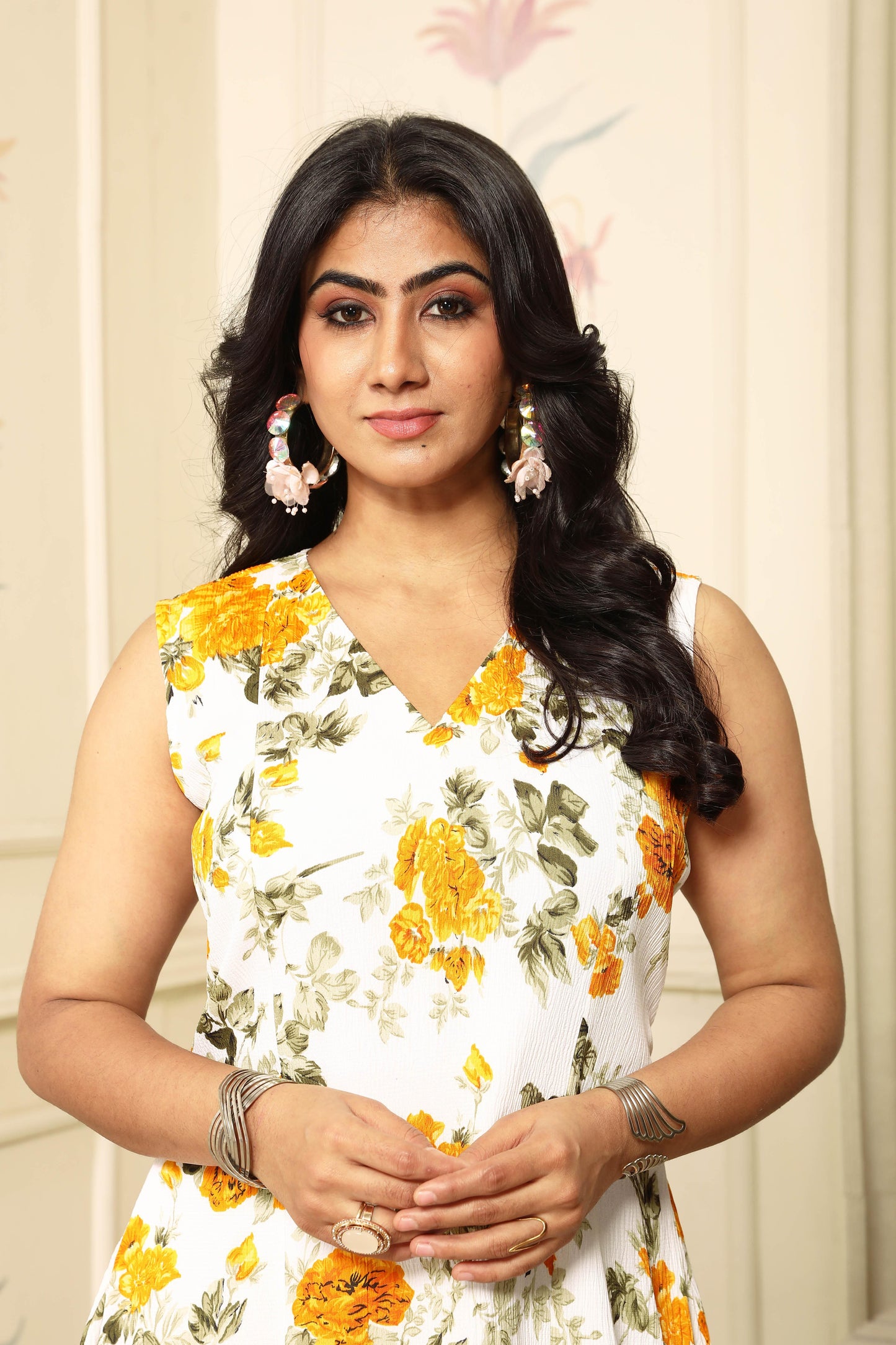 Sleeveless Yellow FLoral Midi Dress For Girls