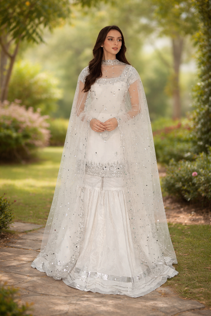 Wedding Wear Natural White Embroidery Sharara Suit