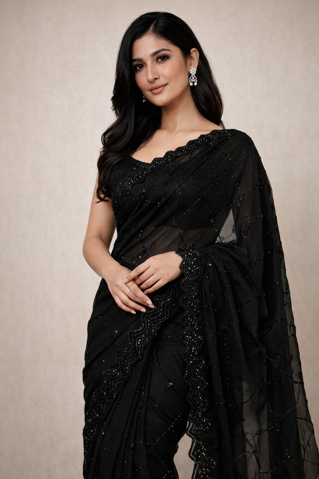 Bollywood Style Pure Georgette Hand Work Black Beauty Saree