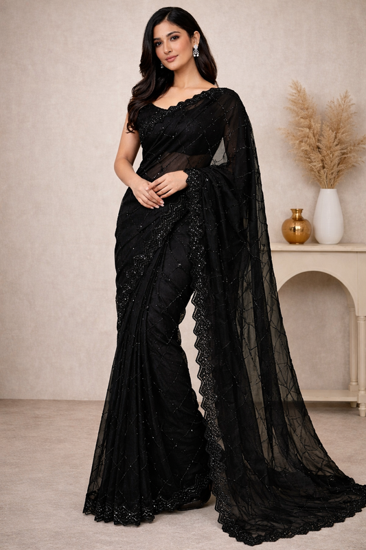 Bollywood Style Pure Georgette Hand Work Black Beauty Saree
