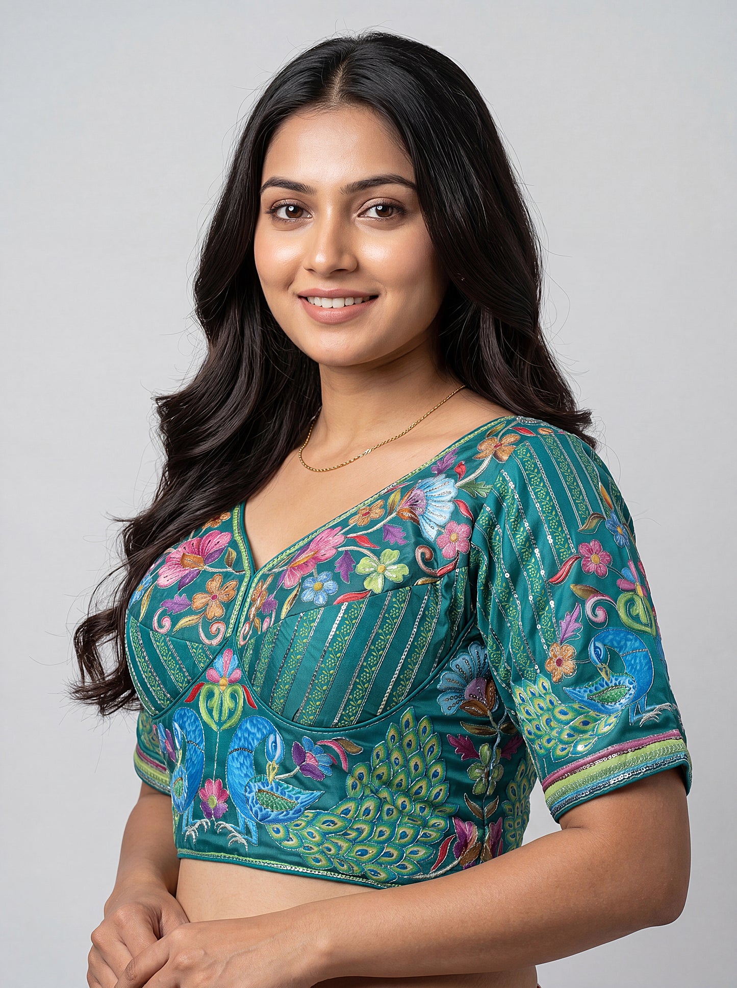 Rama Green Embroidery Position Print Blouse