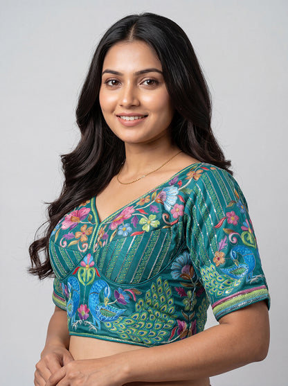 Rama Green Embroidery Position Print Blouse