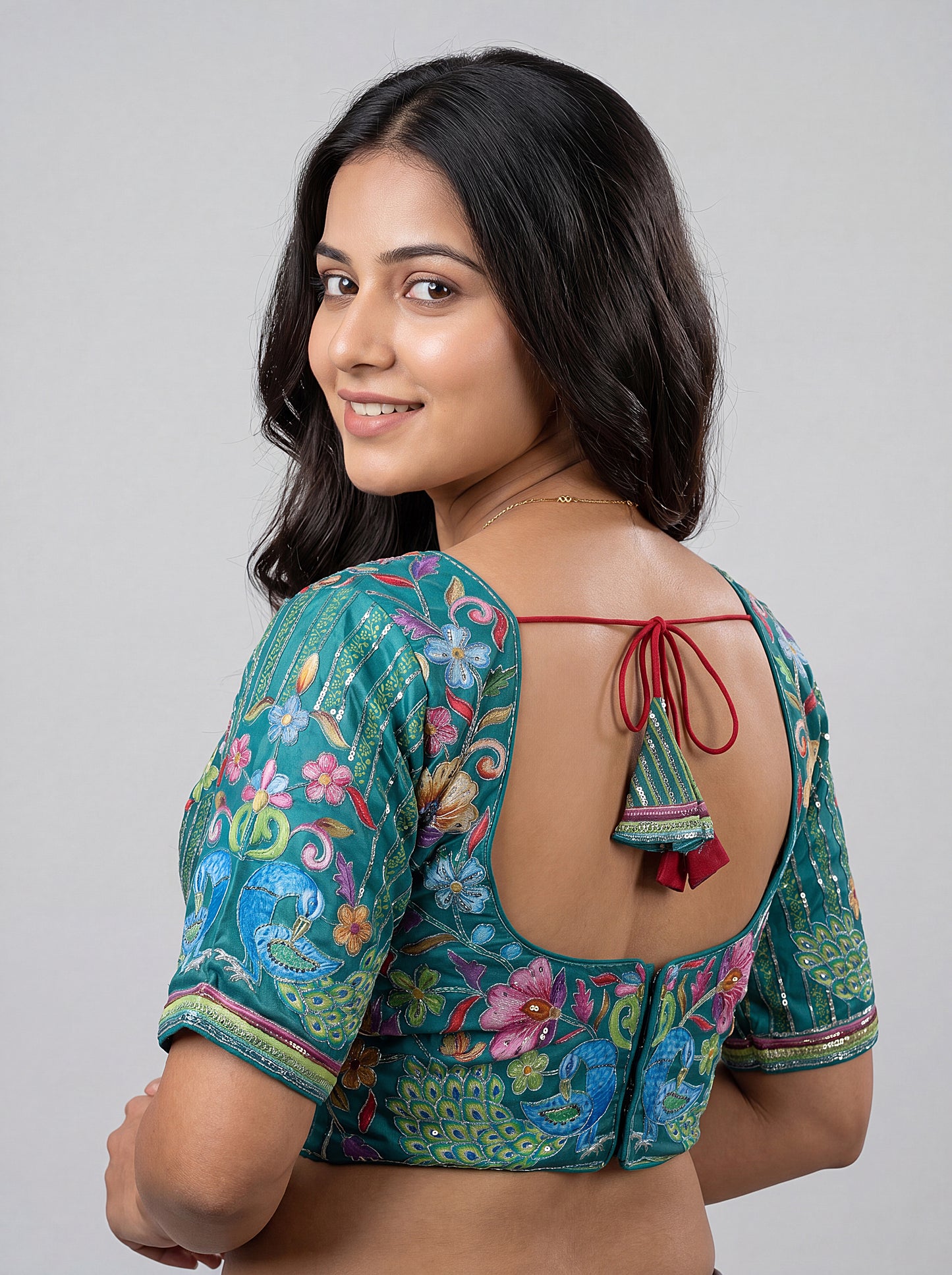 Rama Green Embroidery Position Print Blouse