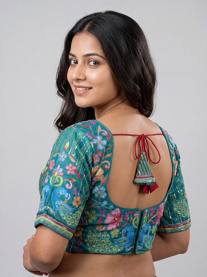 Rama Green Embroidery Position Print Blouse