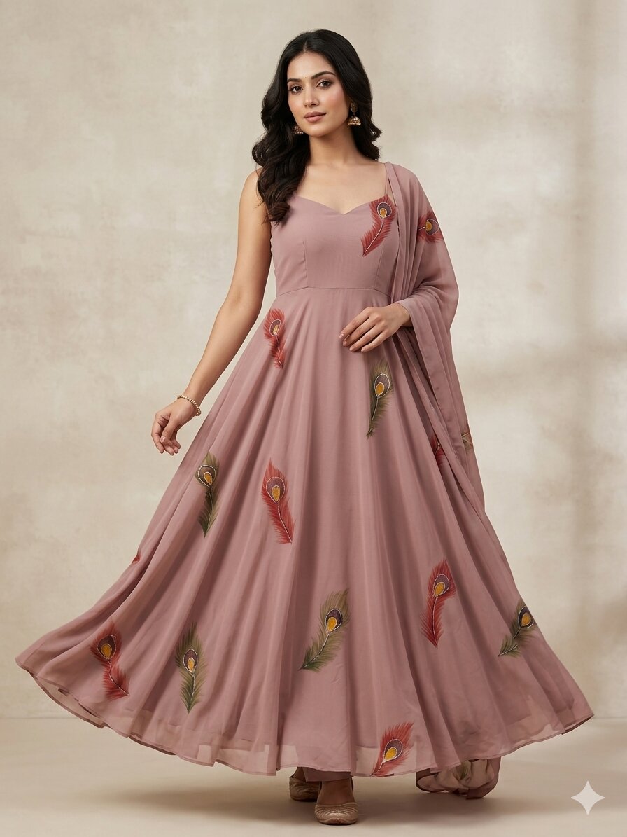 Dusty Pink Hand-painted Georgette Anarkali Set