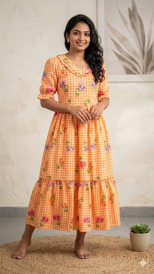 Orange Floral Aesthetic One Piece Dress